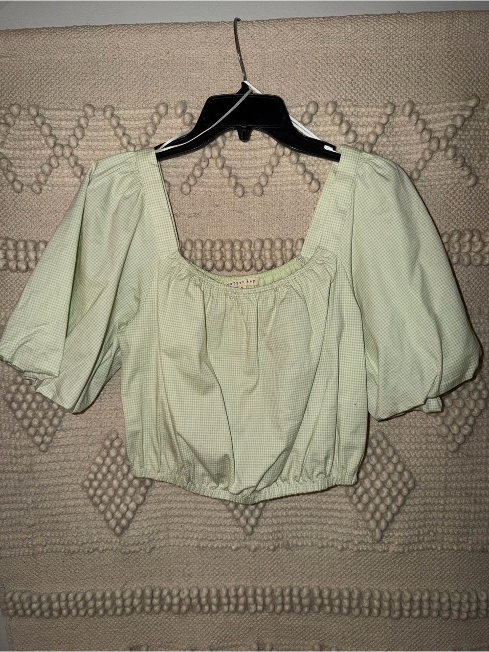 Copper Key Gingham Pale Mint Puff Sleeve Cropped Blouse - Picture 1 of 3